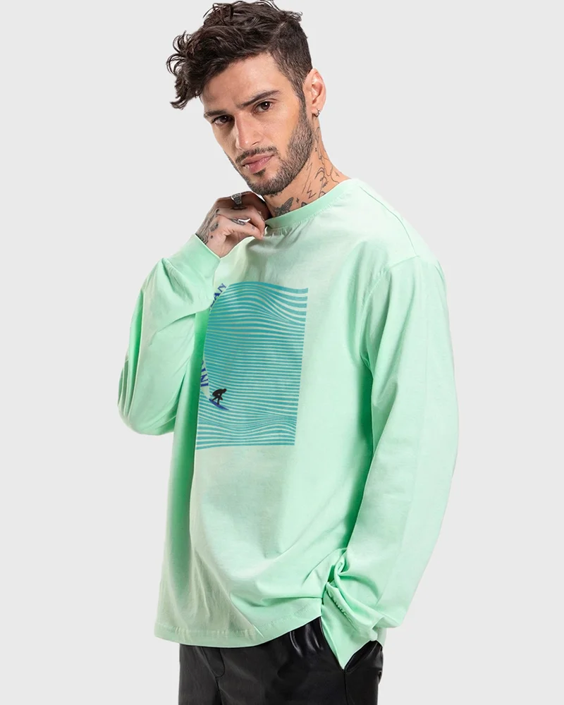 بيواكوف Men's Bird Egg Green Into The Ocean Graphic Printed Oversized T-shirt
